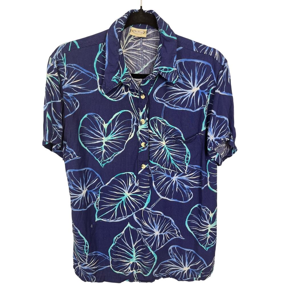 Go Barefoot Dark Blue Tropical Leaf Rayon Button Shirt Women’s Medium As-Is